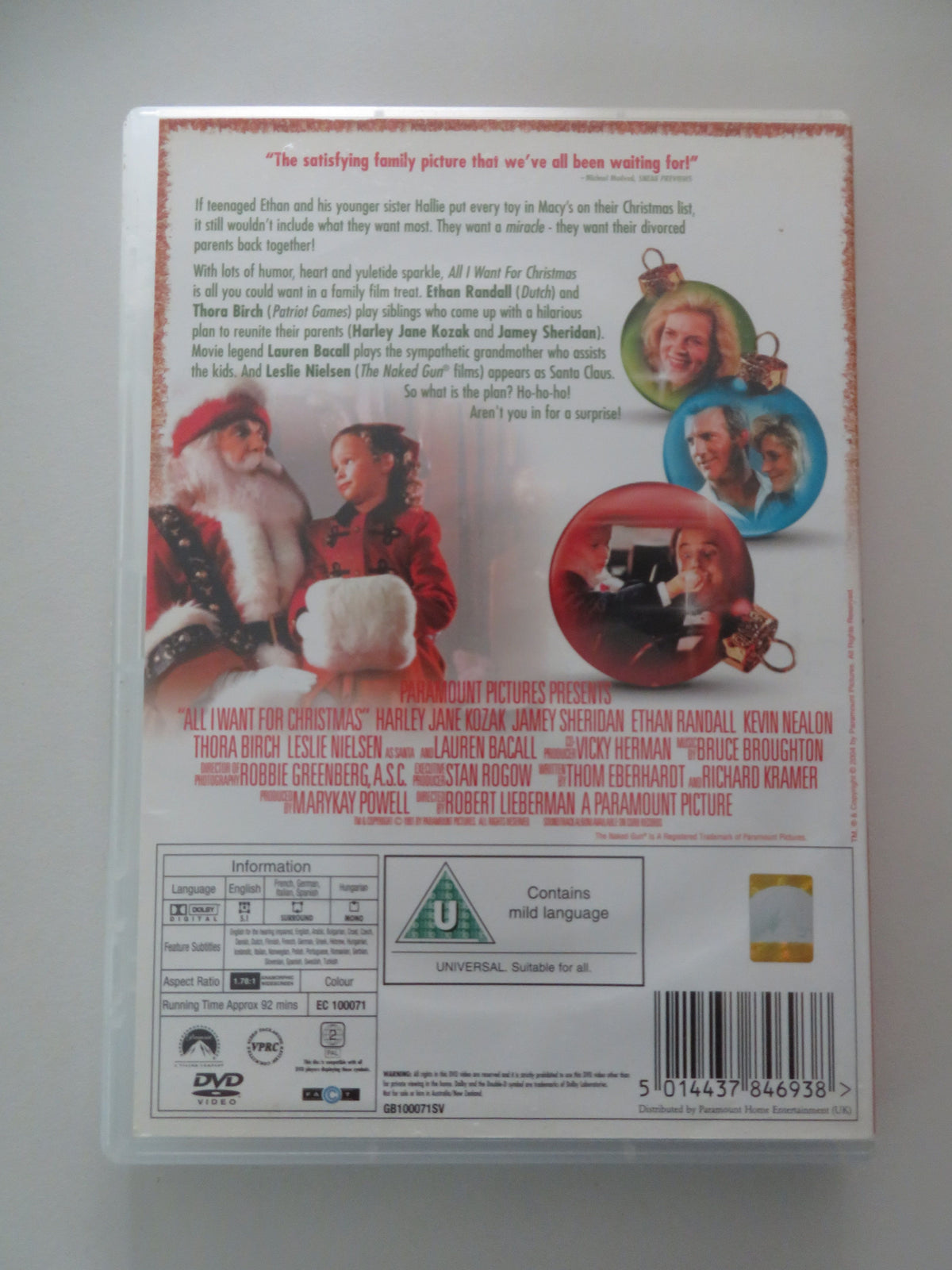 All I Want for Christmas (DVD) Thora Birch Harley Jane Kozak 1991 Region 2