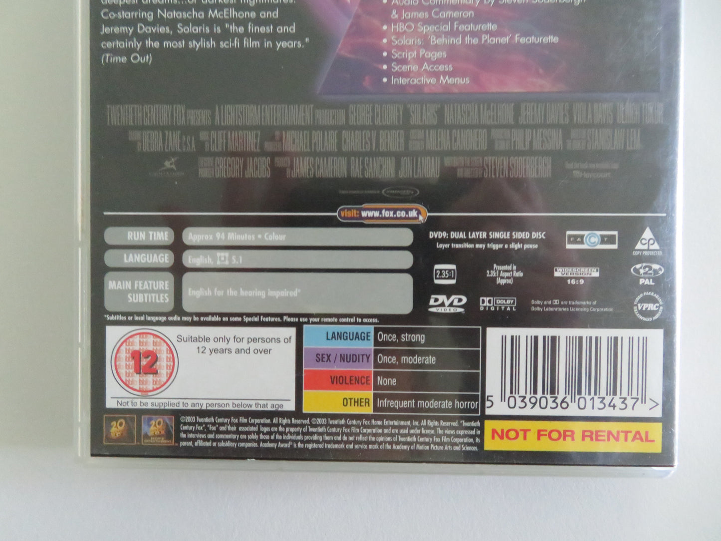 Solaris (DVD) George Clooney Natascha McElhone 2002 Region 2