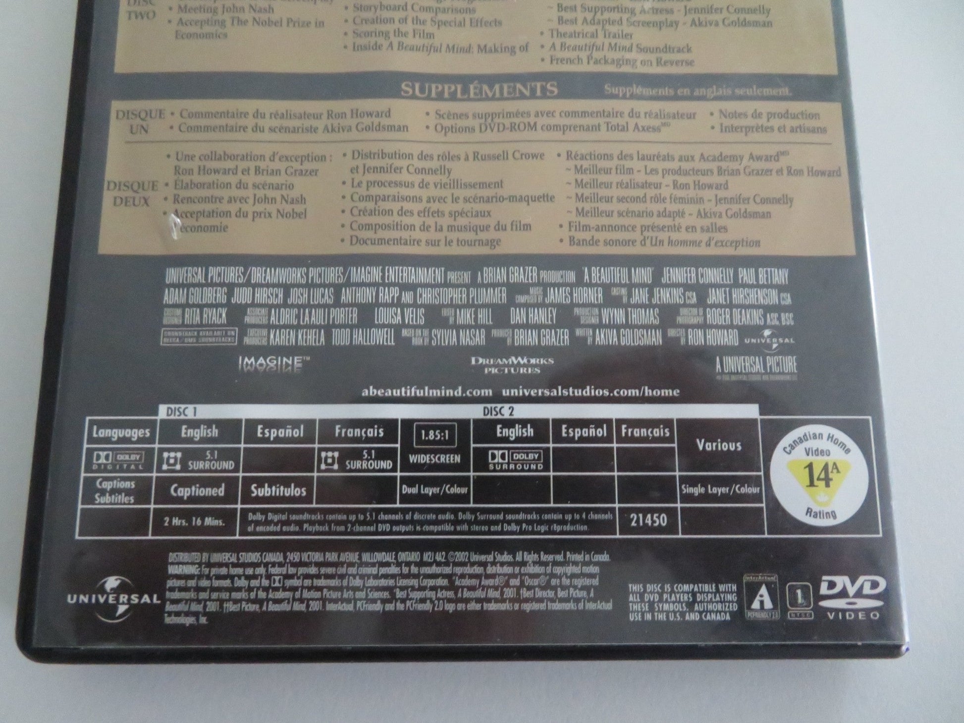 A BEAUTIFUL MIND - TWO DISC AWARDS EDITION WIDESCREEN (DVD) CROWE 2001 REGION 1 Movie posters