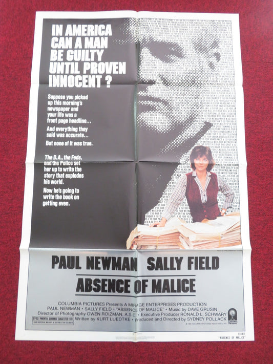 Absence of Malice Folded US One Sheet Poster Paul Newman Sally Field 1981 Movie posters