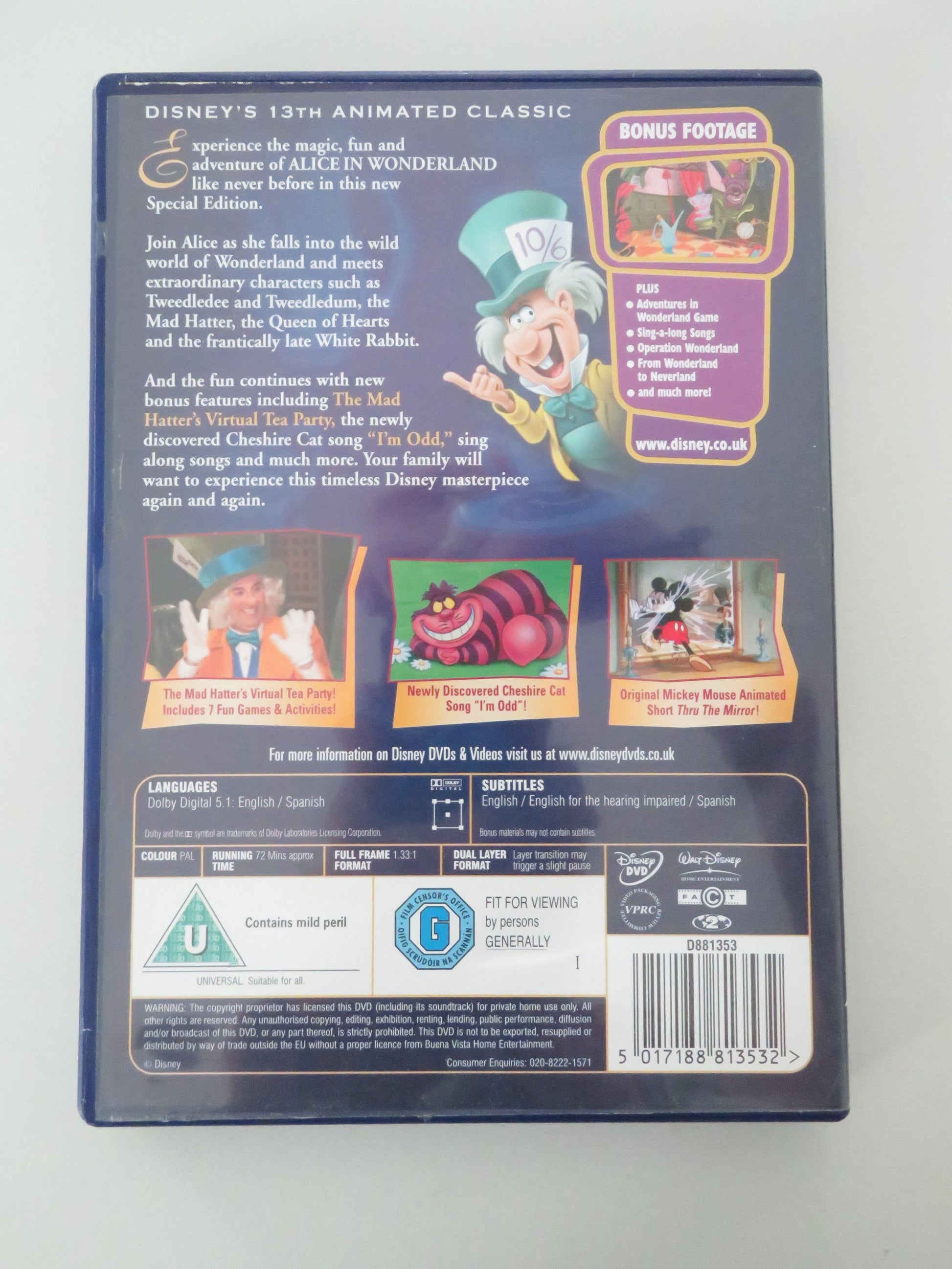 Alice in Wonderland (DVD) Disney Kathryn Beaumont Ed Wynn 1951 Region 2 Movie posters