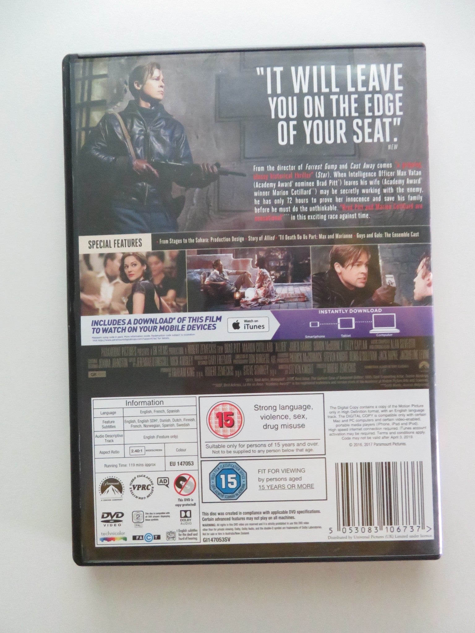 ALLIED (DVD) BRAD PITT MARION COTILLARD 2016 REGION 2 Movie posters