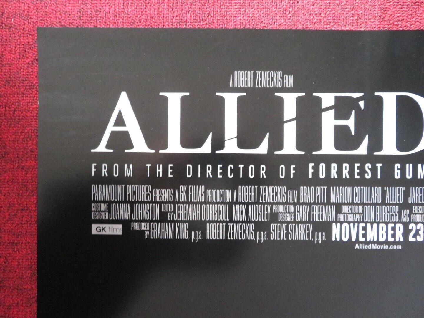 ALLIED US ONE SHEET ROLLED POSTER BRAD PITT MARION COTILLARD 2016 - Rendezvous Cinema