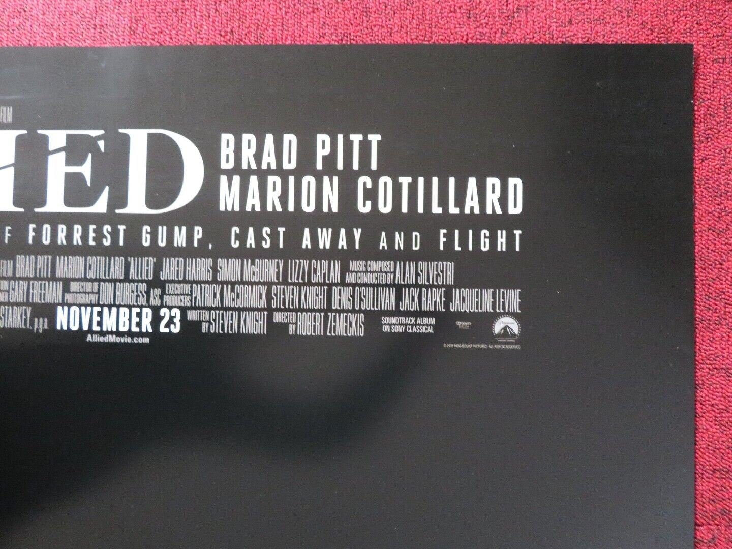 ALLIED US ONE SHEET ROLLED POSTER BRAD PITT MARION COTILLARD 2016 - Rendezvous Cinema