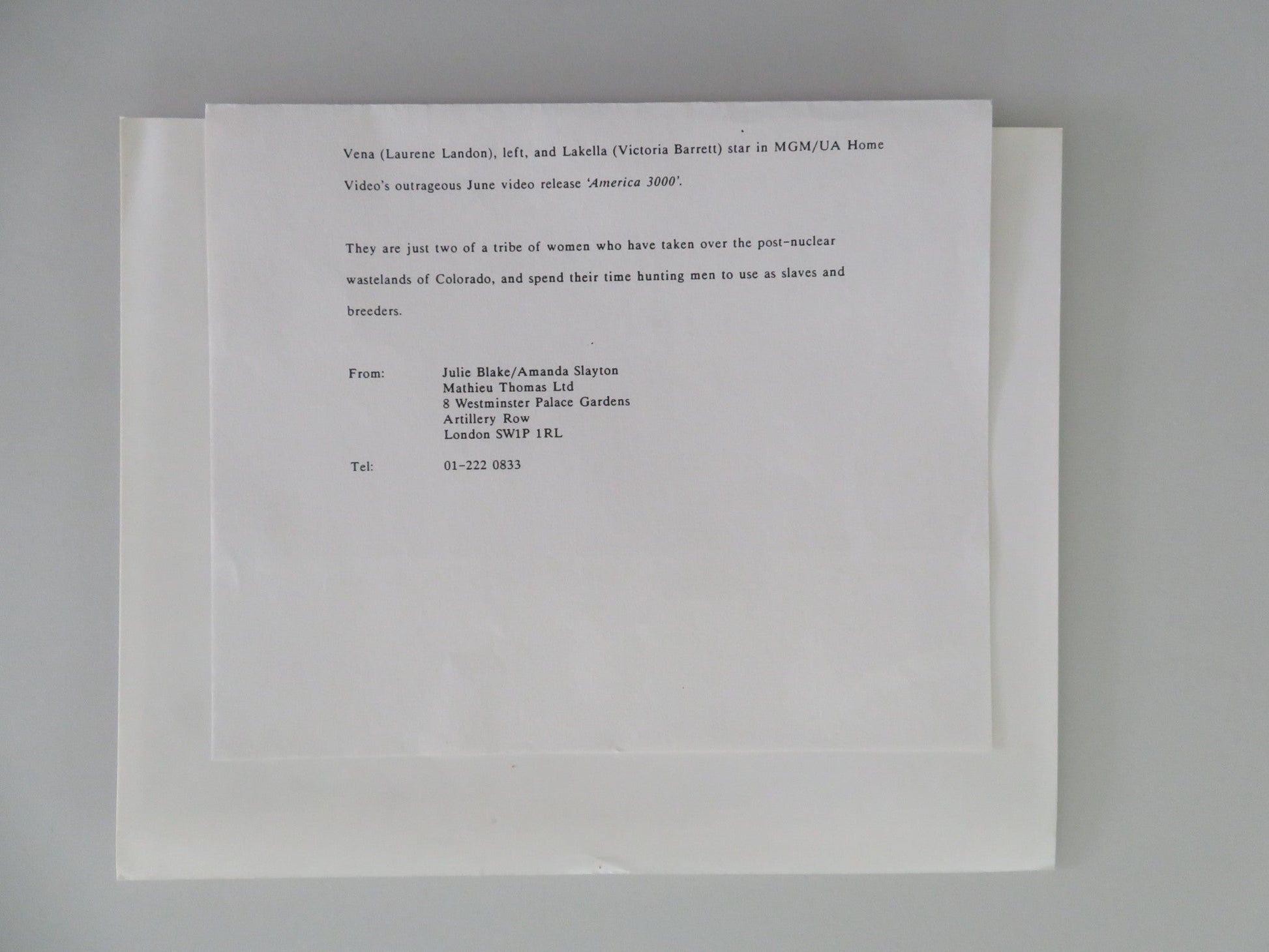 AMERICA 3000 MOVIE STILL PHOTO LAURENE LANDON VICTORIA BARRETT 1986 Movie posters