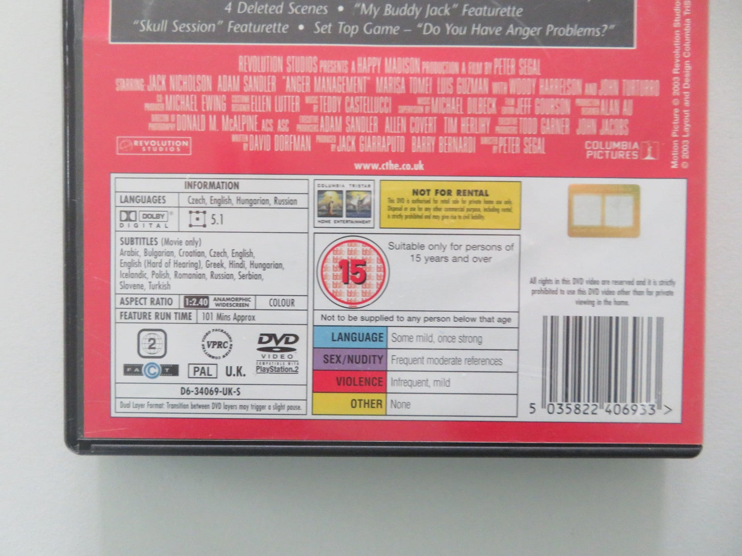 Anger Management (DVD) Jack Nicholson Adam Sandler 2003 Region 2 Movie posters