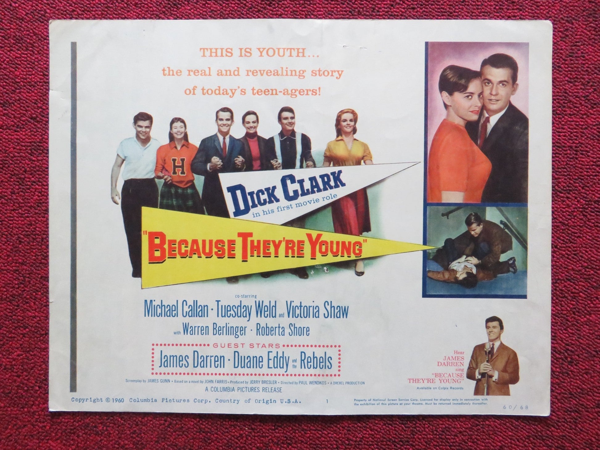 BECAUSE THEY'RE YOUNG US LOBBY CARD FULL SET DICK CLARK MICHAEL CALLAN 1960 Rendezvous Cinema Movie posters