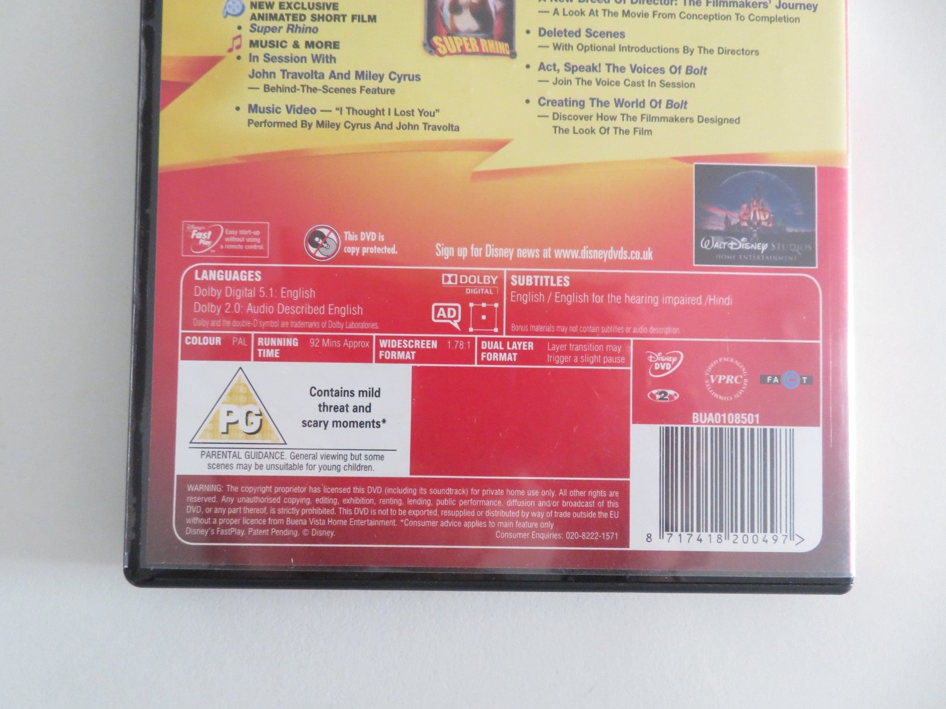 BOLT (DVD) DISNEY JOHN TRAVOLTA MILEY CYRUS 2008 REGION 2 Movie posters