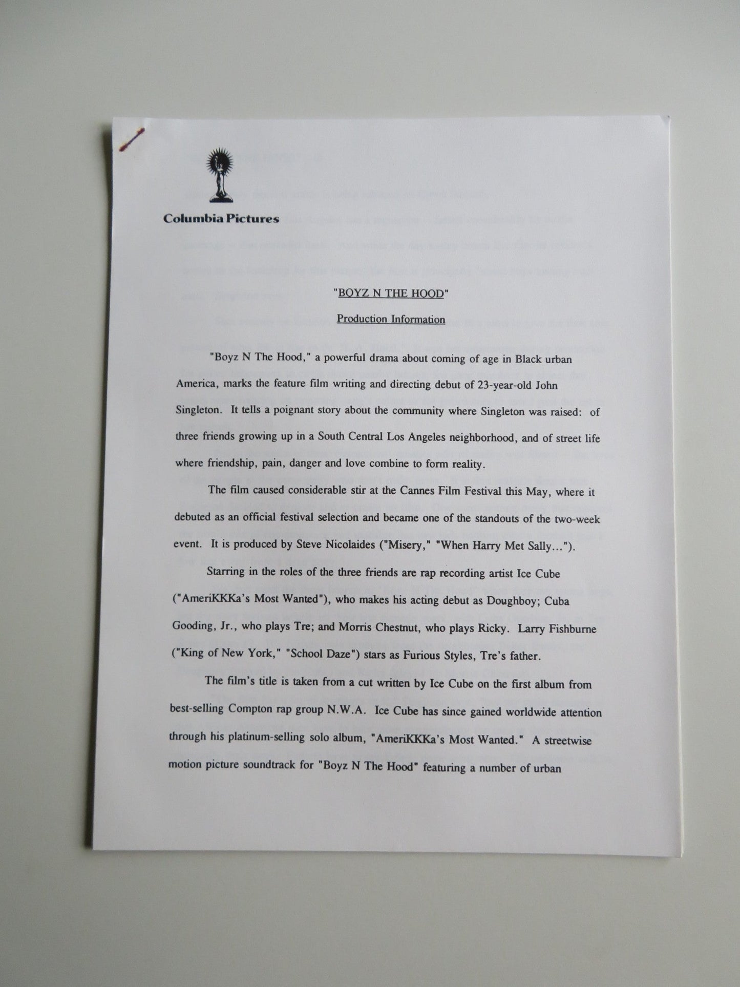 BOYZ IN THE HOOD PRESS KIT 1991 ICE CUBE LAURENCE FISHBURNE CUBA GOODING JR. Movie posters