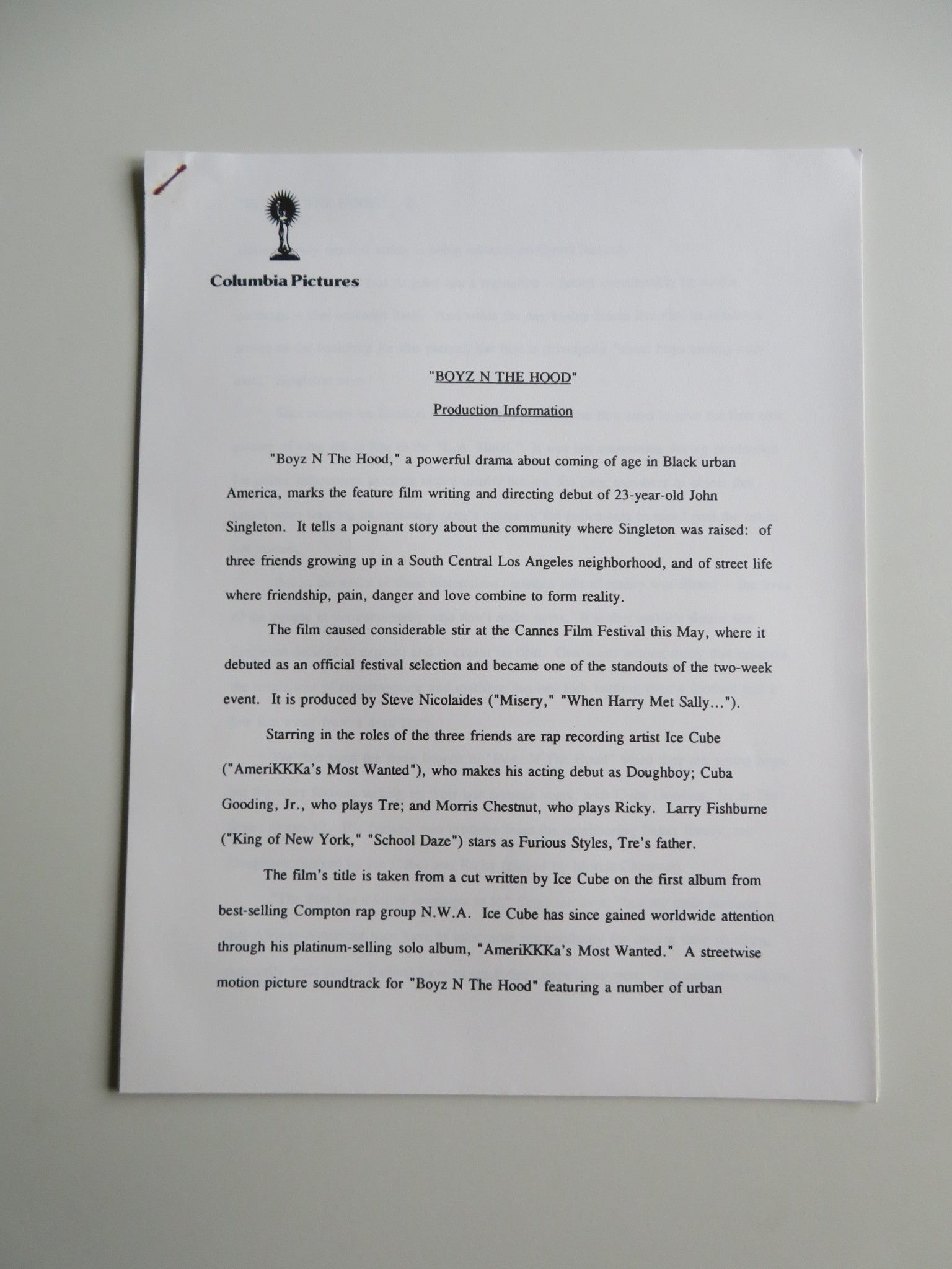 BOYZ IN THE HOOD PRESS KIT 1991 ICE CUBE LAURENCE FISHBURNE CUBA GOODING JR. Movie posters