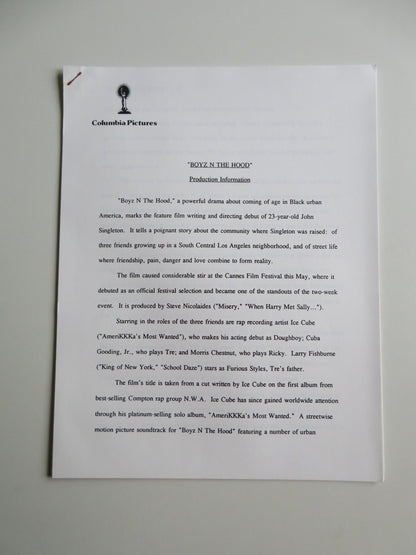 BOYZ IN THE HOOD PRESS KIT 1991 ICE CUBE LAURENCE FISHBURNE CUBA GOODING JR. Movie posters