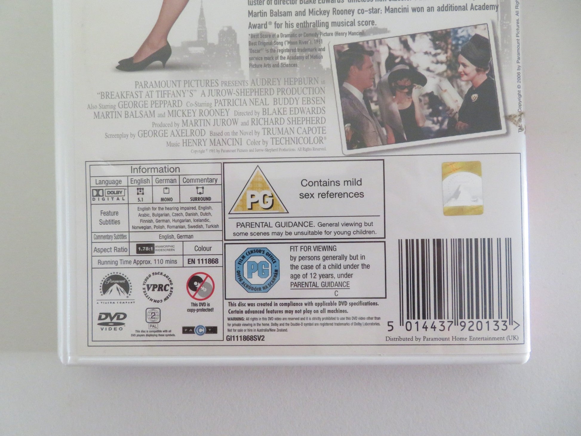 BREAKFAST AT TIFFANY'S - ANNIVERSARY EDITION (DVD) AUDREY HEPBURN 1961 REGION 2 - Rendezvous Cinema