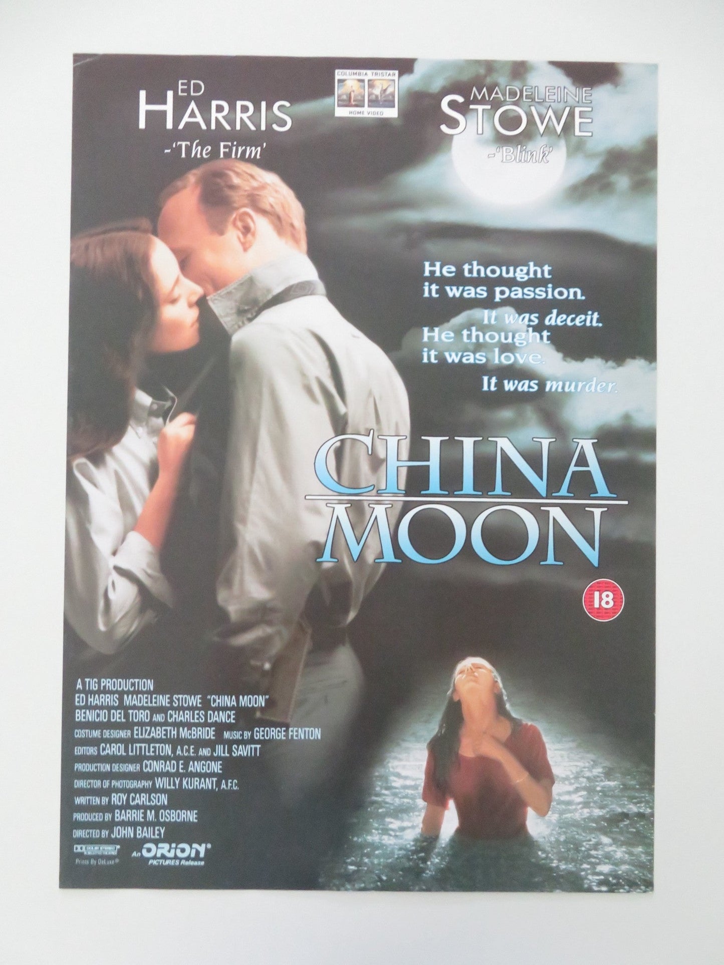 CHINA MOON VHS VIDEO POSTER ED HARRIS MADELEINE STOWE 1994 Movie posters