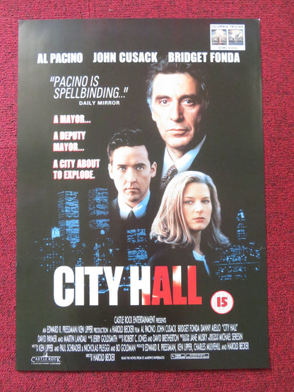 CITY HALL VHS VIDEO POSTER AL PACINO JOHN CUSACK 1996 Rendezvous Cinema Movie posters