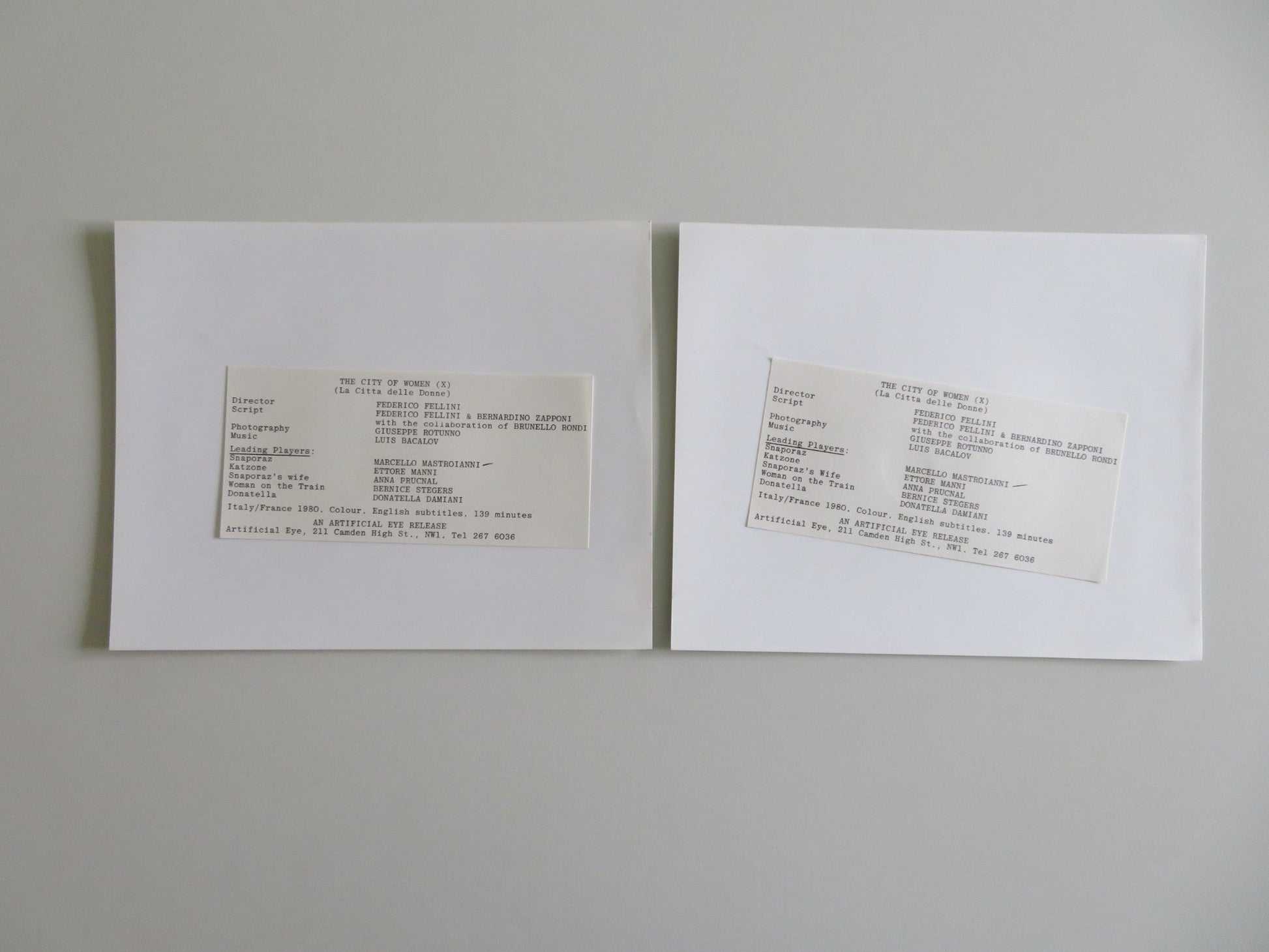 CITY OF WOMEN MOVIE STILL PHOTO LOT OF 2 MARCELLO MASTROIANNI ANNA PRUCNAL 1980 - Rendezvous Cinema