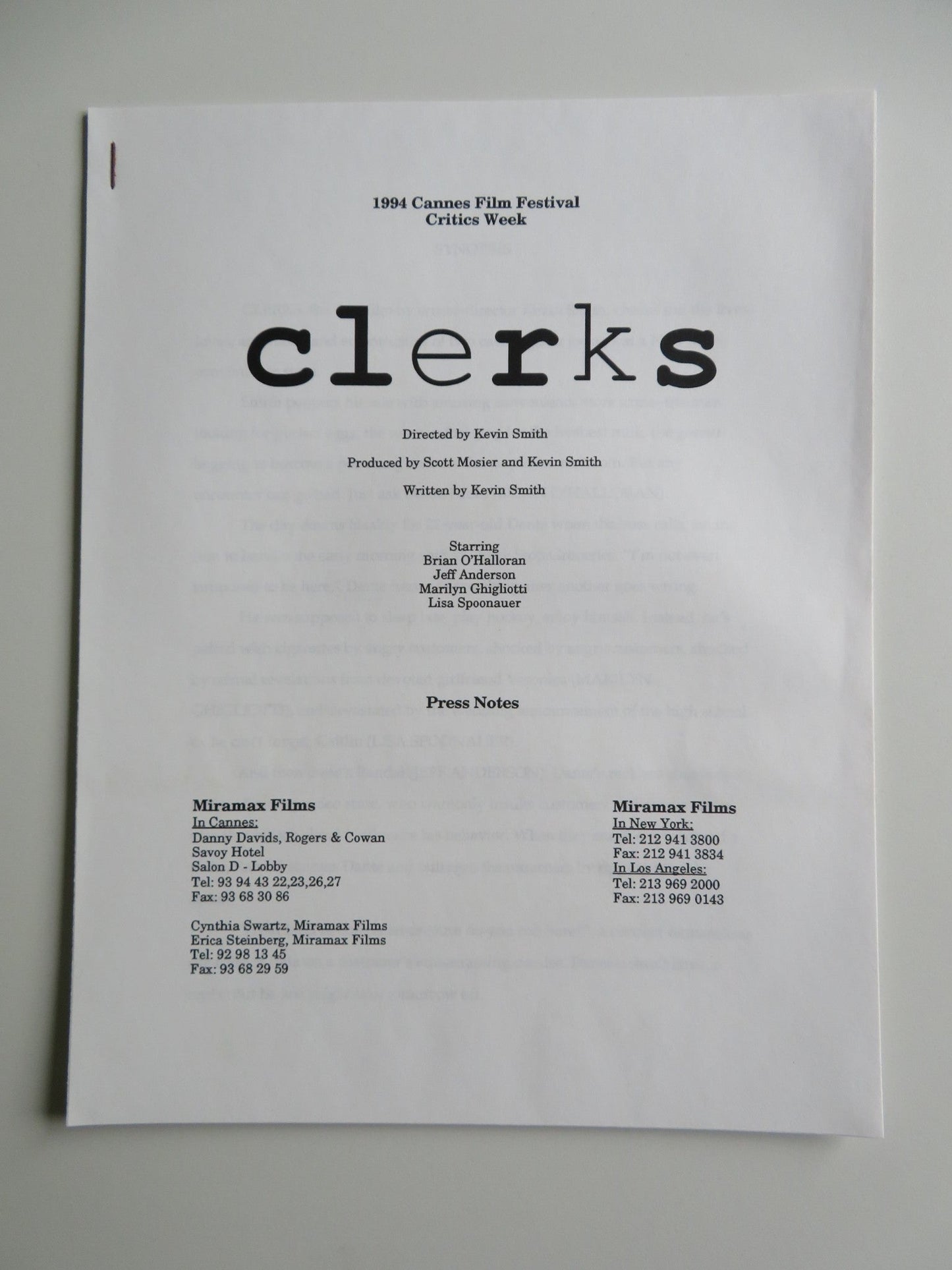 CLERKS PRESS KIT 1994 BRIAN O'HALLORAN JEFF ANDERSON JASON MEWES KEVIN SMITH Movie posters