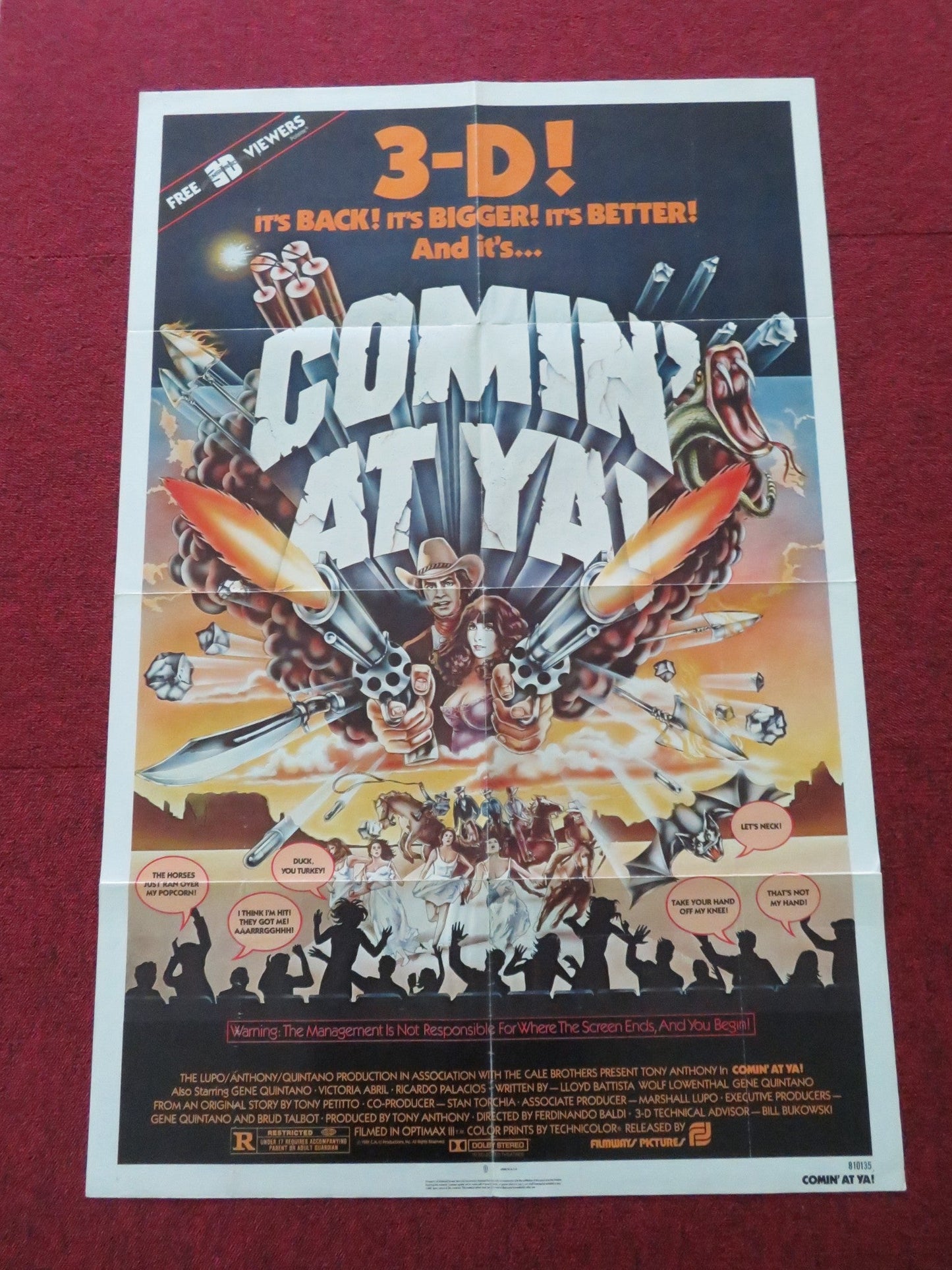 COMIN' AT YA! FOLDED US ONE SHEET POSTER TONY ANTHONY GENE QUINTANO 1981 Movie posters