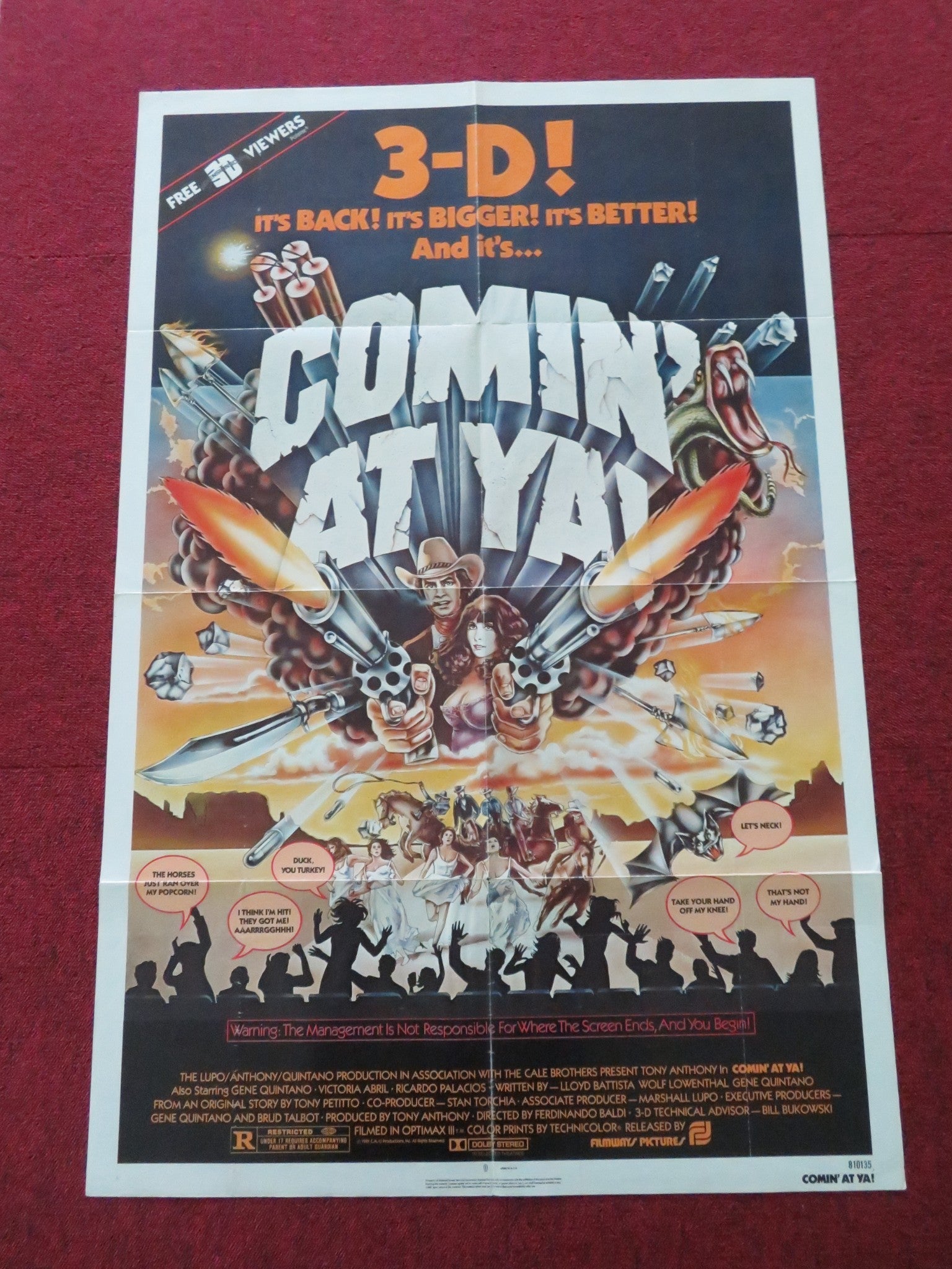 COMIN' AT YA! FOLDED US ONE SHEET POSTER TONY ANTHONY GENE QUINTANO 1981 Movie posters