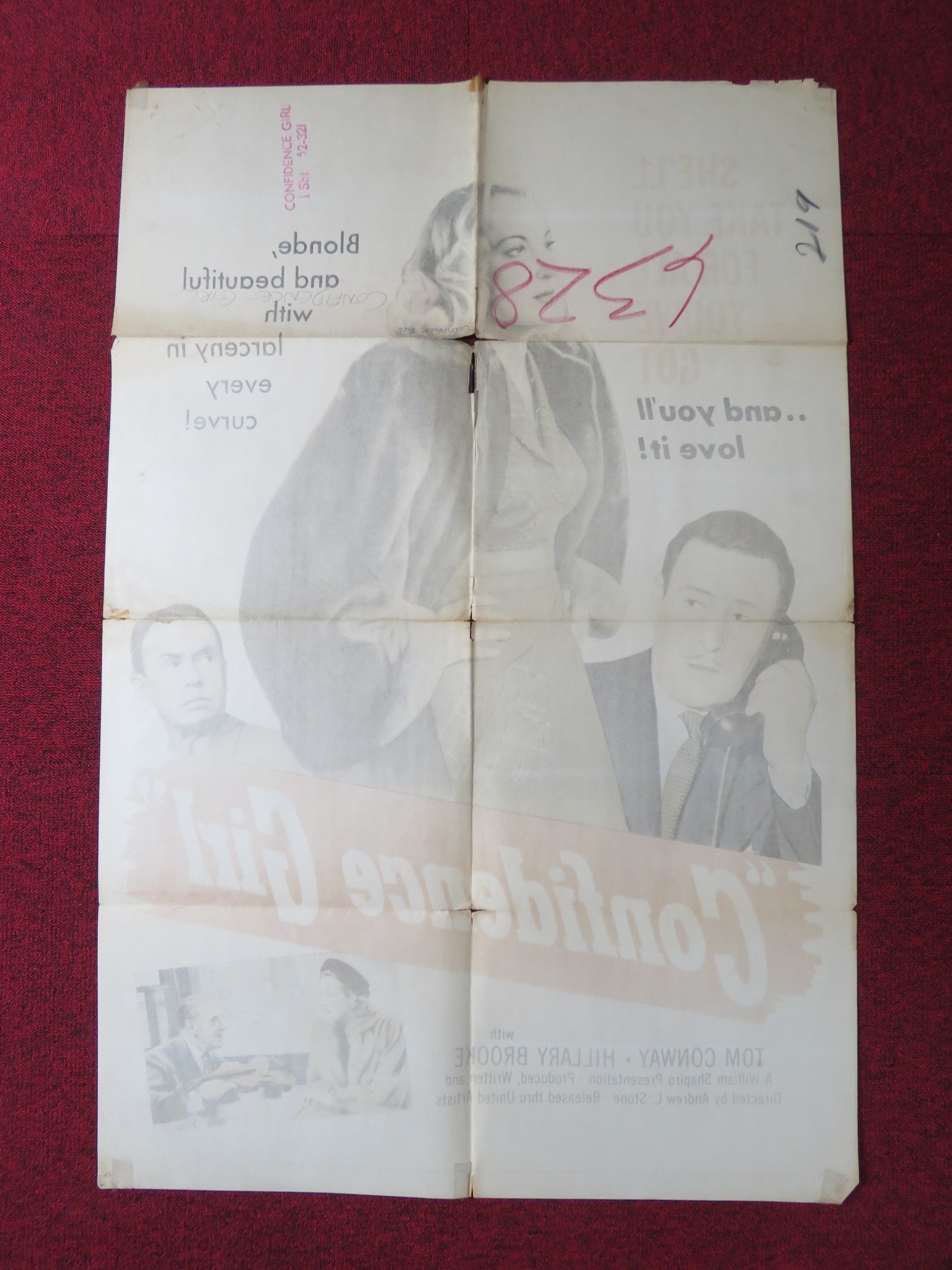 CONFIDENCE GIRL FOLDED US ONE SHEET POSTER TOM CONWAY HILLARY BROOKE 1952 Rendezvous Cinema Movie posters