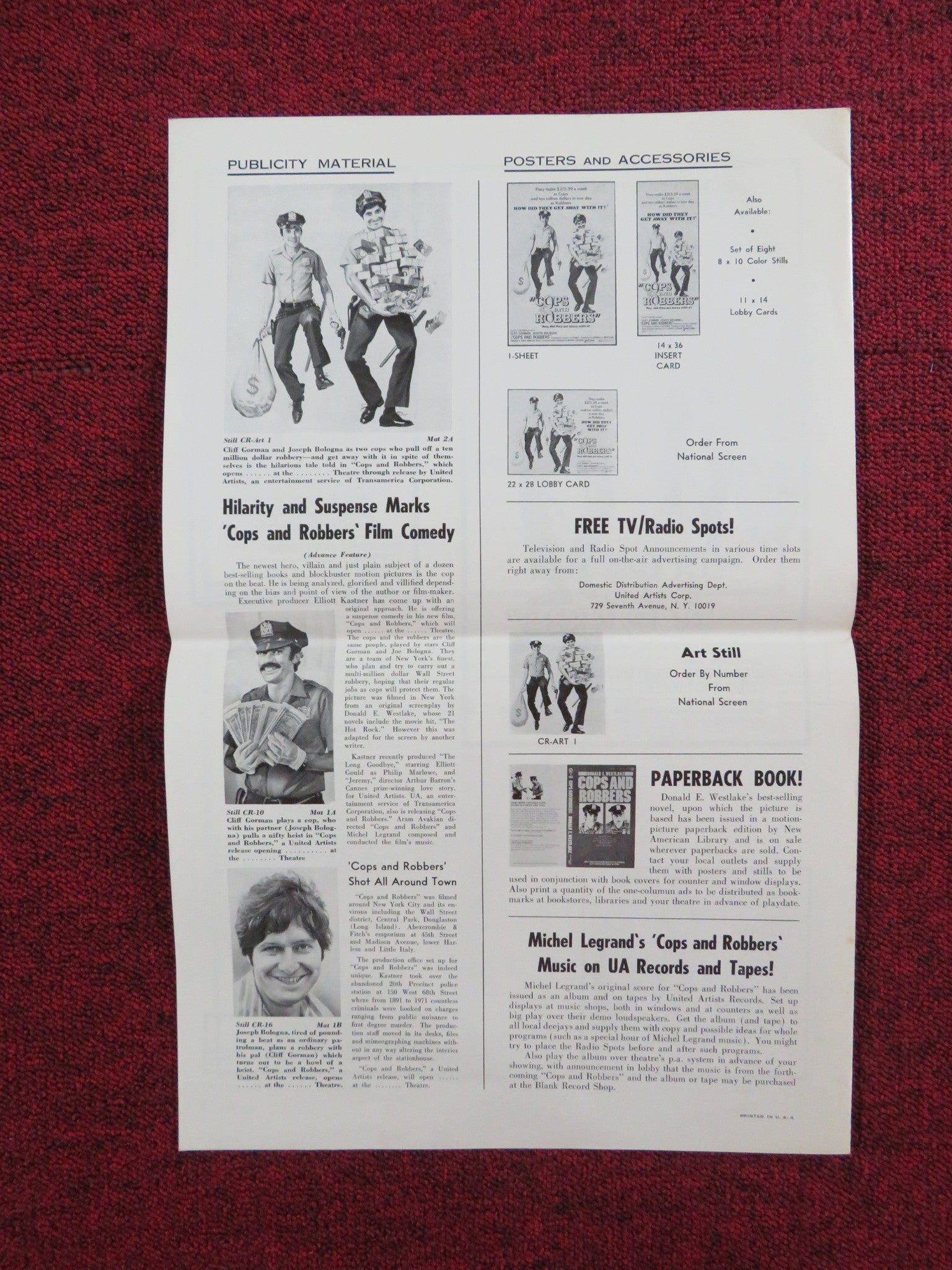 COPS AND ROBBERS UNCUT PRESS BOOK FOLDED CLIFF GORMAN JOSEPH BOLOGNA 1973 Rendezvous Cinema Movie posters