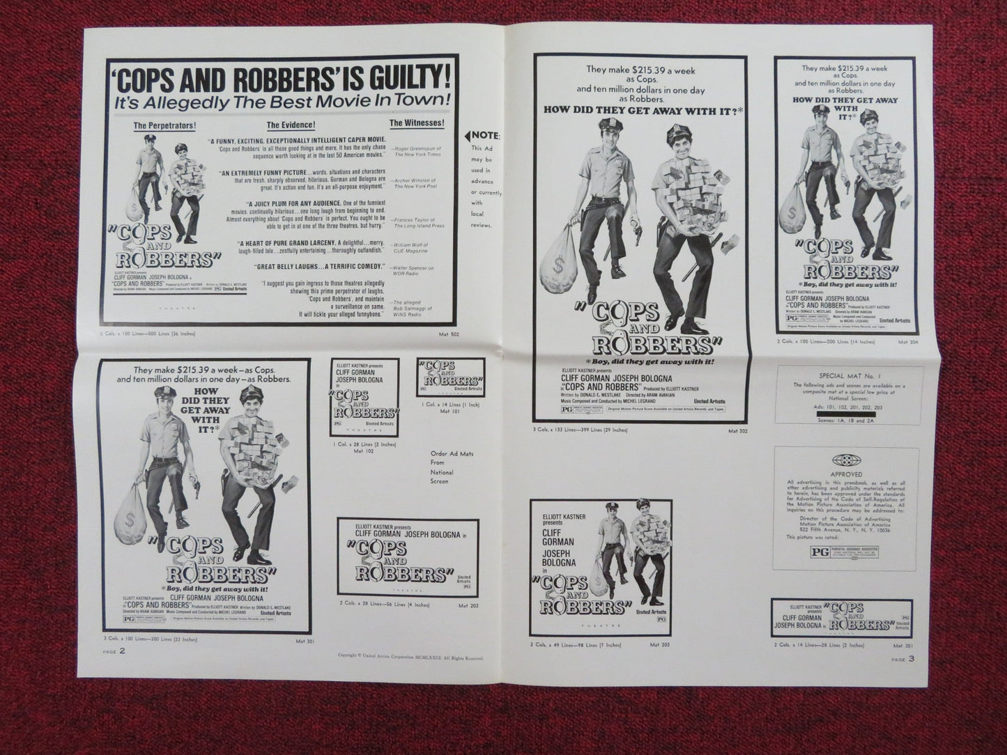 COPS AND ROBBERS UNCUT PRESS BOOK FOLDED CLIFF GORMAN JOSEPH BOLOGNA 1973 Rendezvous Cinema Movie posters