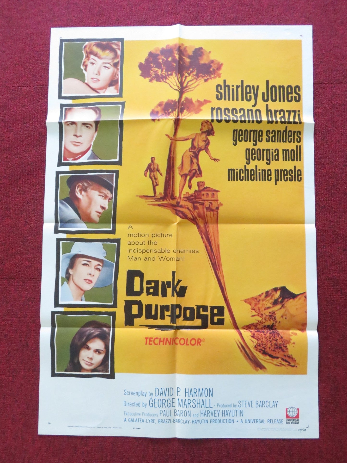 DARK PURPOSE FOLDED US ONE SHEET POSTER SHIRLEY JONES ROSSANO BRAZZI 1964 Rendezvous Cinema Movie posters