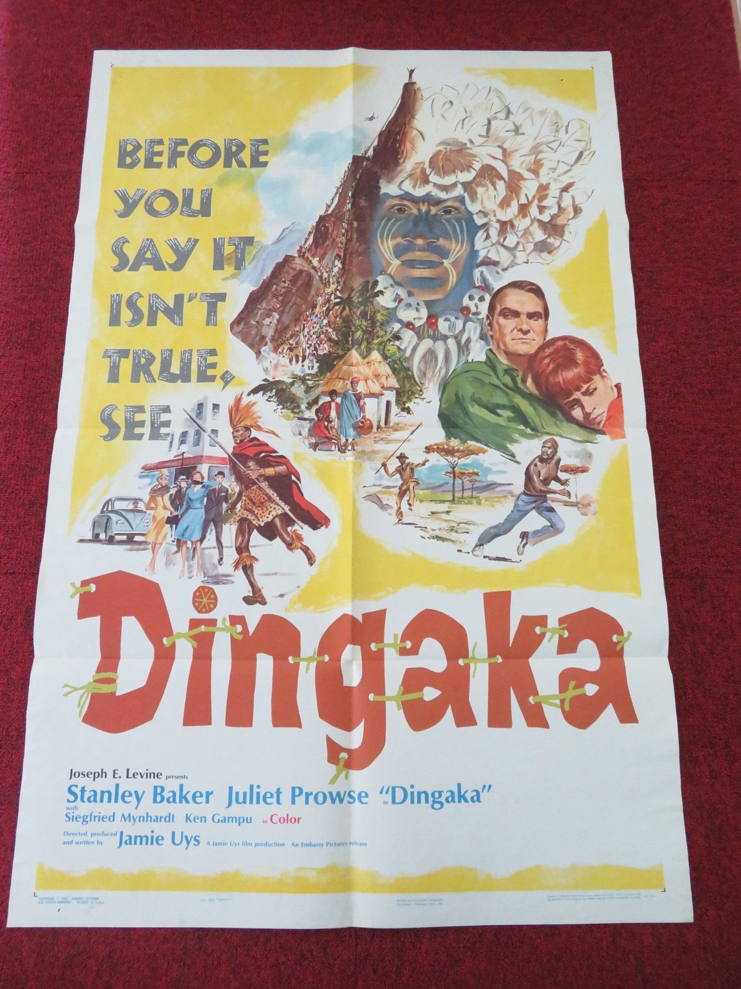 DINGAKA FOLDED US ONE SHEET POSTER STANLEY BAKER JULIET PROWSE 1965 Movie posters