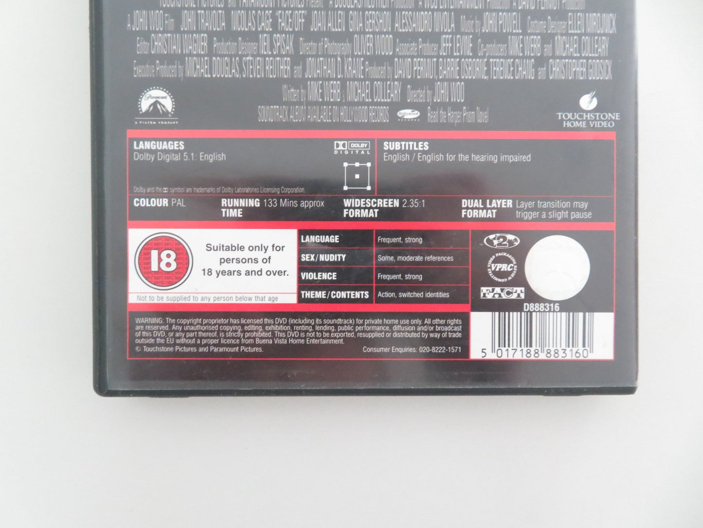 FACE/OFF (DVD) JOHN TRAVOLTA NICOLAS CAGE 1997 REGION 2 Movie posters