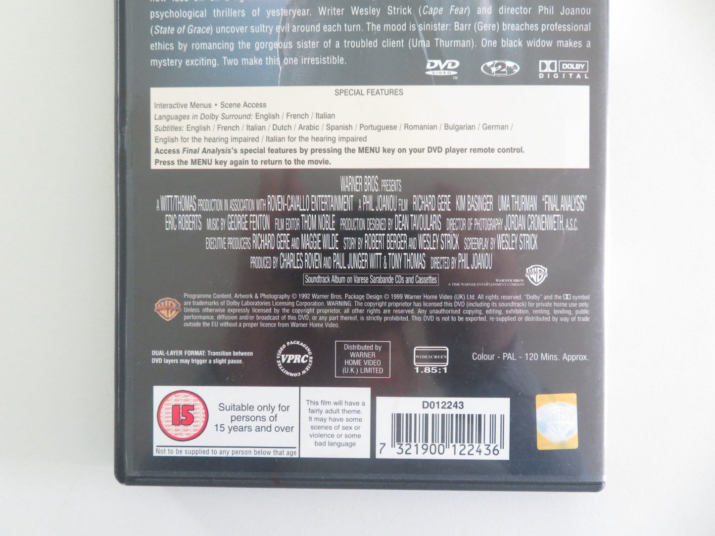 Final Analysis (DVD) Richard Gere Kim Basinger 1992 Region 2 Movie posters