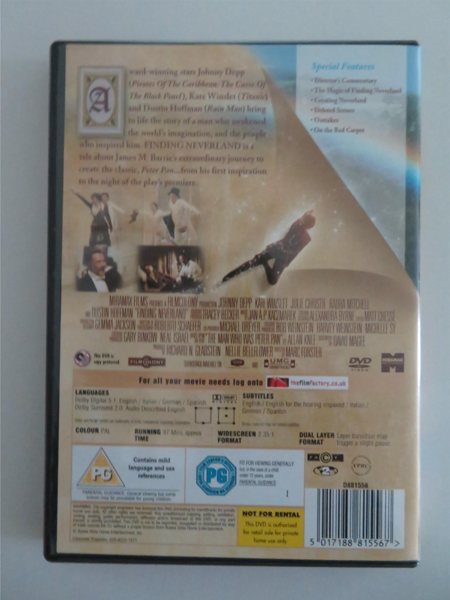 FINDING NEVERLAND - B (DVD) JOHNNY DEPP KATE WINSLET 2004 REGION 2 Movie posters