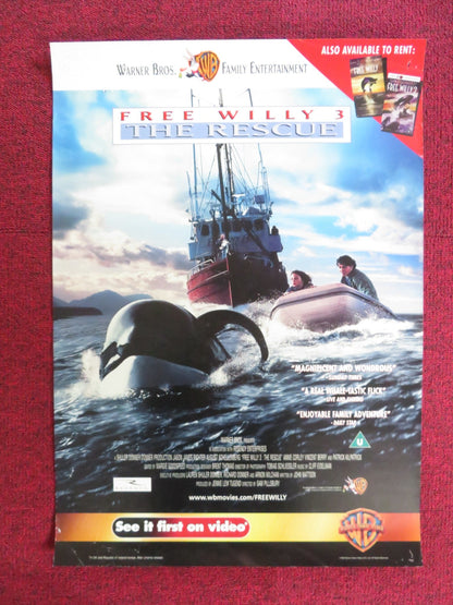FREE WILLY 3: THE RESCUE VHS VIDEO POSTER JASON JAMES RITCHER ANNIE CORLEY 1997 Rendezvous Cinema Movie posters