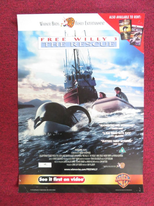 FREE WILLY 3: THE RESCUE VHS VIDEO POSTER JASON JAMES RITCHER ANNIE CORLEY 1997 Rendezvous Cinema Movie posters