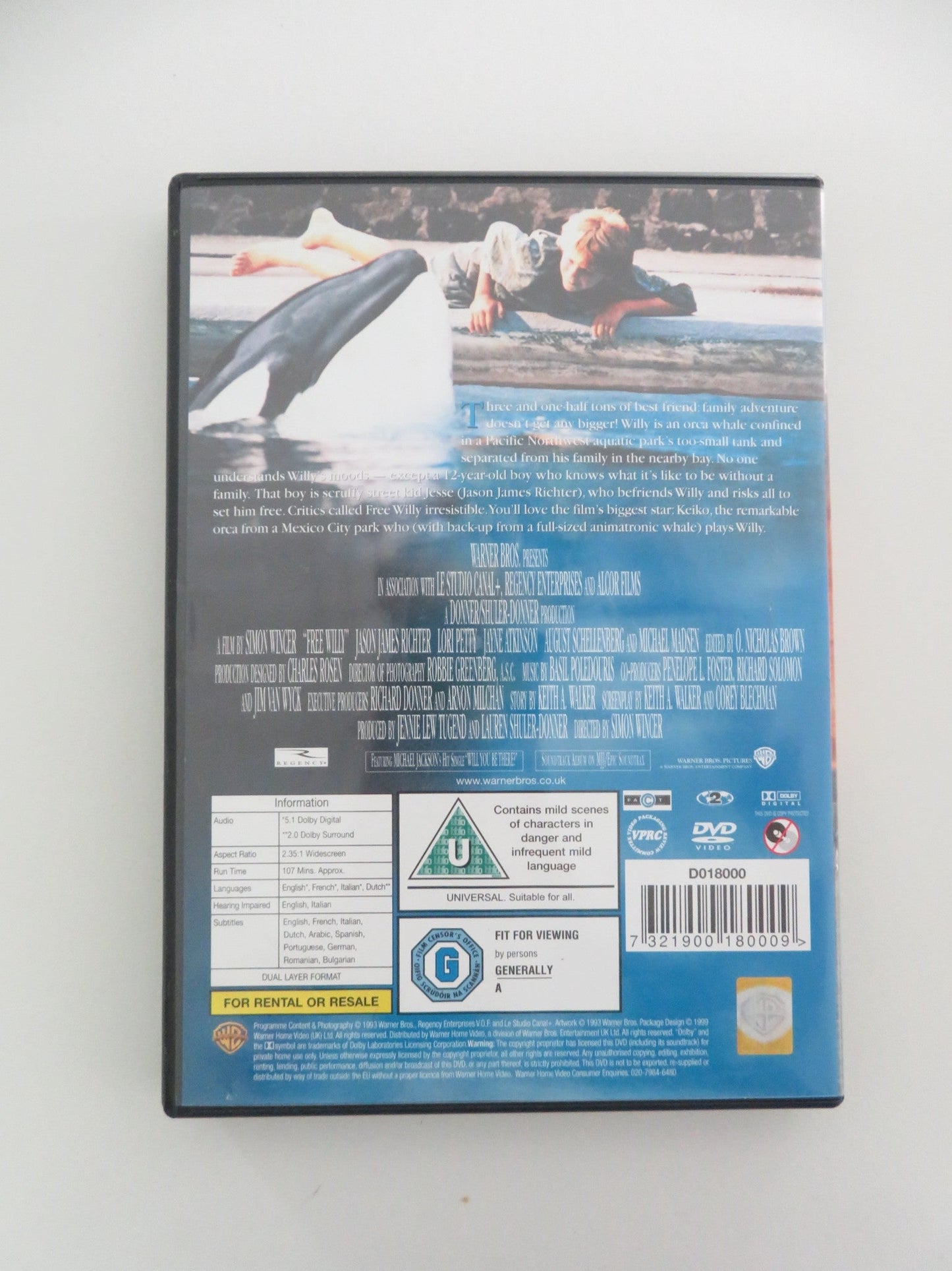 FREE WILLY (DVD) JASON JAMES RICHTER MICHAEL MADSEN 1993 REGION 2 Movie posters