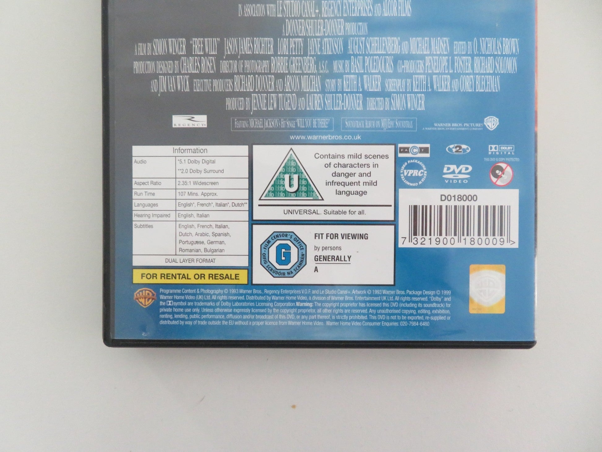 FREE WILLY (DVD) JASON JAMES RICHTER MICHAEL MADSEN 1993 REGION 2 Movie posters