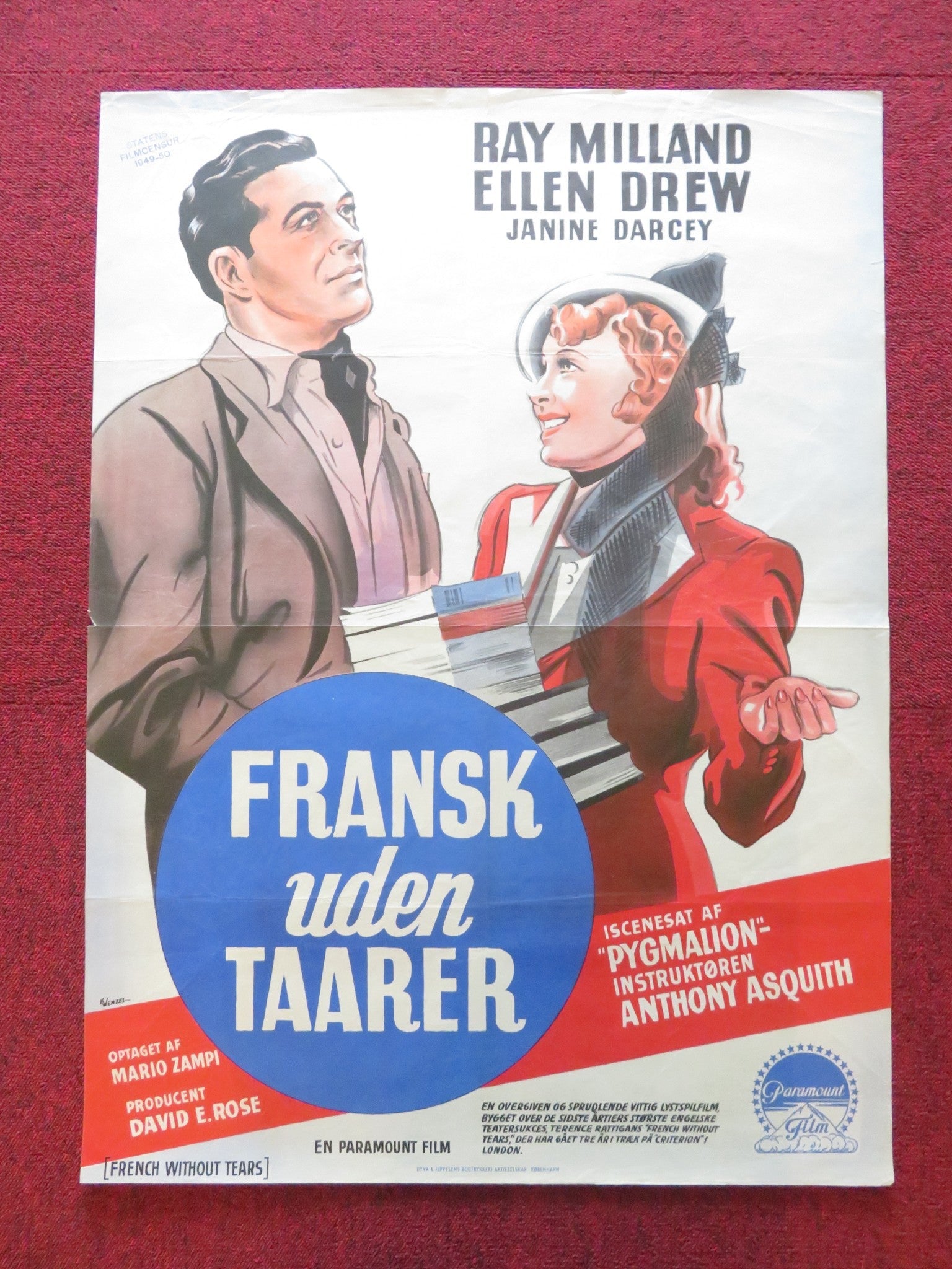 FRENCH WITHOUT TEARS DANISH POSTER ROLLED RAY MILLAND ELLEN DREW 1949 Rendezvous Cinema Movie posters