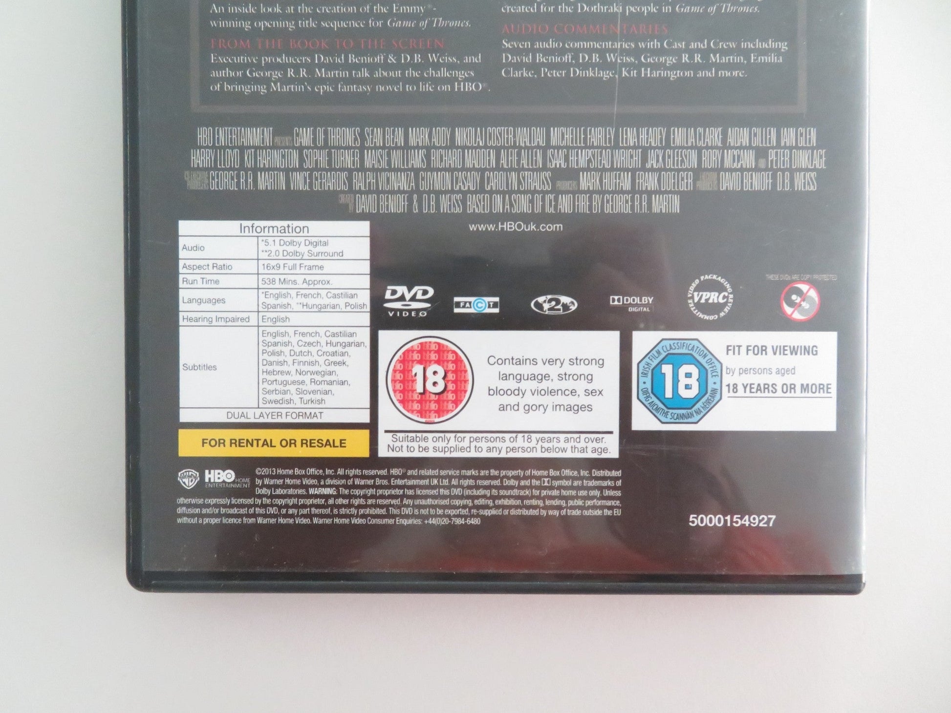 GAMES OF THRONES THE COMPLETE FIRST SEASON (DVD) KIT HARINGTON 2011 REGION 2 - Rendezvous Cinema