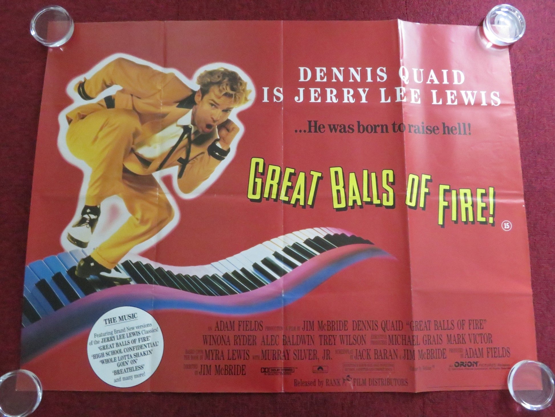 GREAT BALLS OF FIRE! UK QUAD ROLLED POSTER DENNIS QUAID WINONA RYDER 1989 Rendezvous Cinema Movie posters