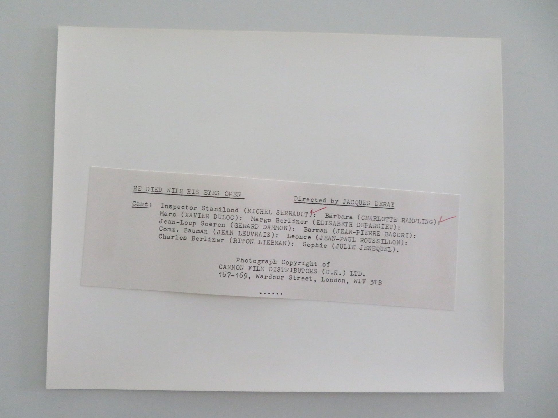 HE DIED WITH HIS EYES OPEN MOVIE STILL PHOTO CHARLOTTE RAMPLING M. SERRAULT 1985 Movie posters