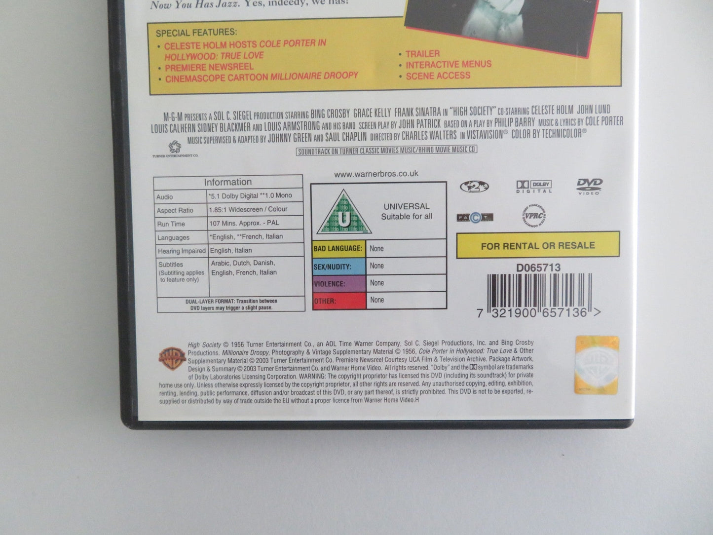 HIGH SOCIETY (DVD) BING CROSBY GRACE KELLY 1956 REGION 2 Movie posters