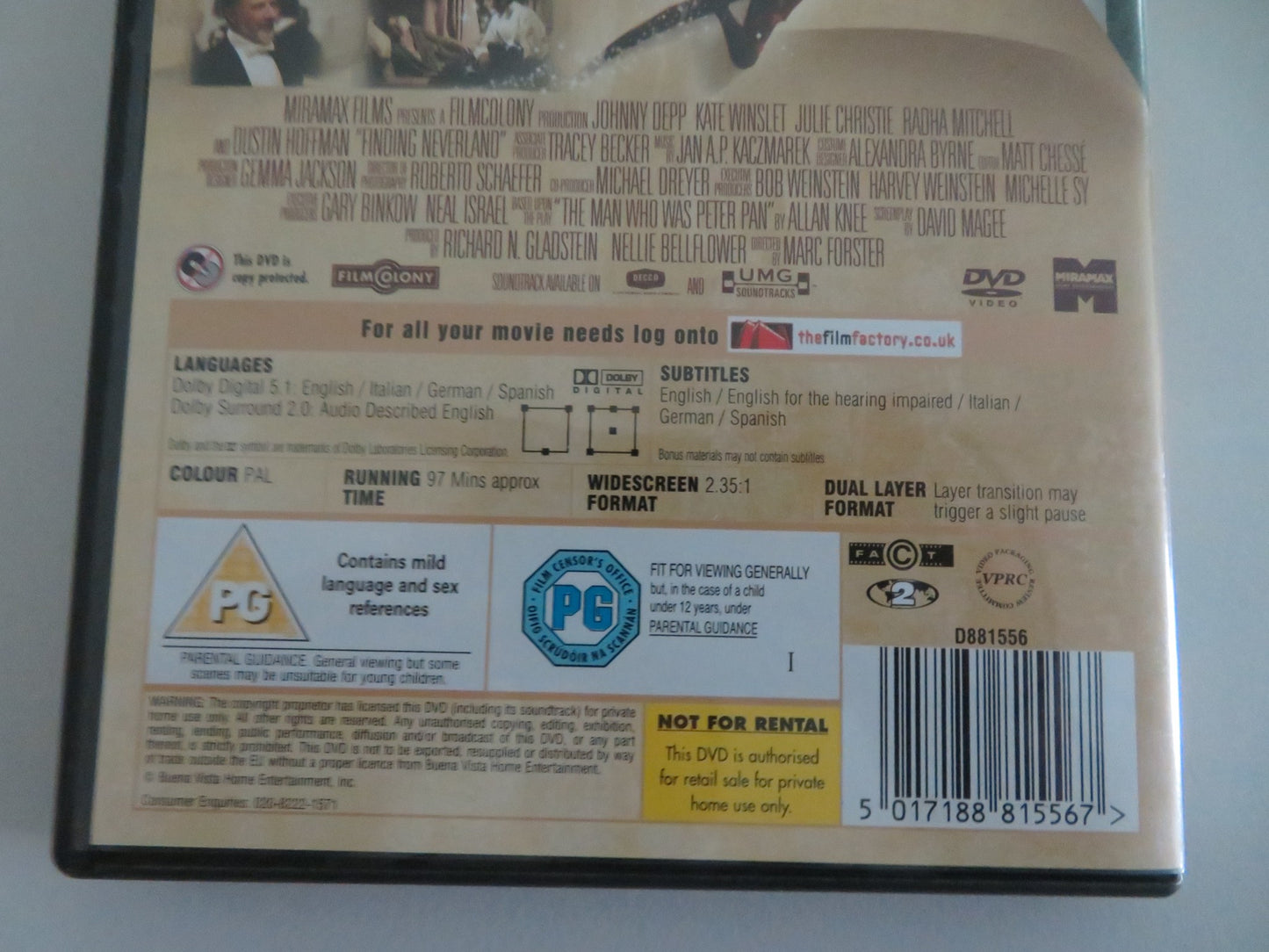 FINDING NEVERLAND - B (DVD) JOHNNY DEPP KATE WINSLET 2004 REGION 2