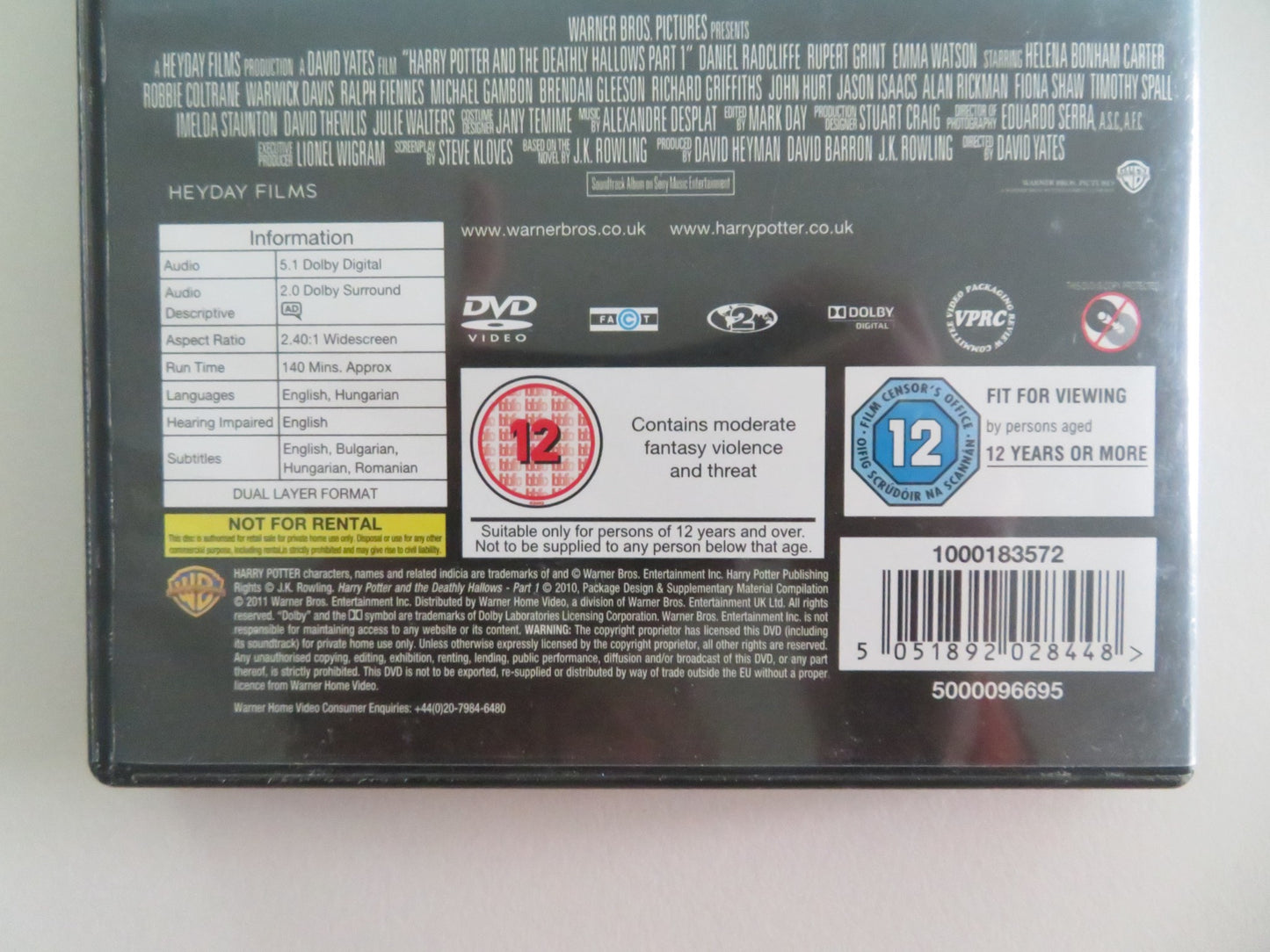 HARRY POTTER AND THE DEATHLY HALLOWS PART 1 (DVD) DANIEL RADCLIFFE 2010 REGION 2