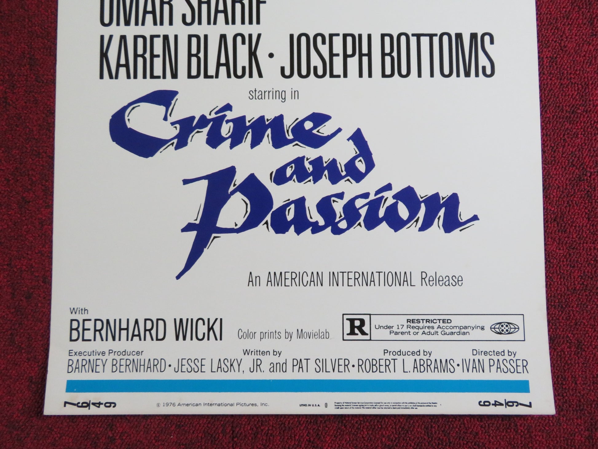 CRIME AND PASSION US INSERT POSTER OMAR SHARIF KAREN BLACK 1976 - Rendezvous Cinema