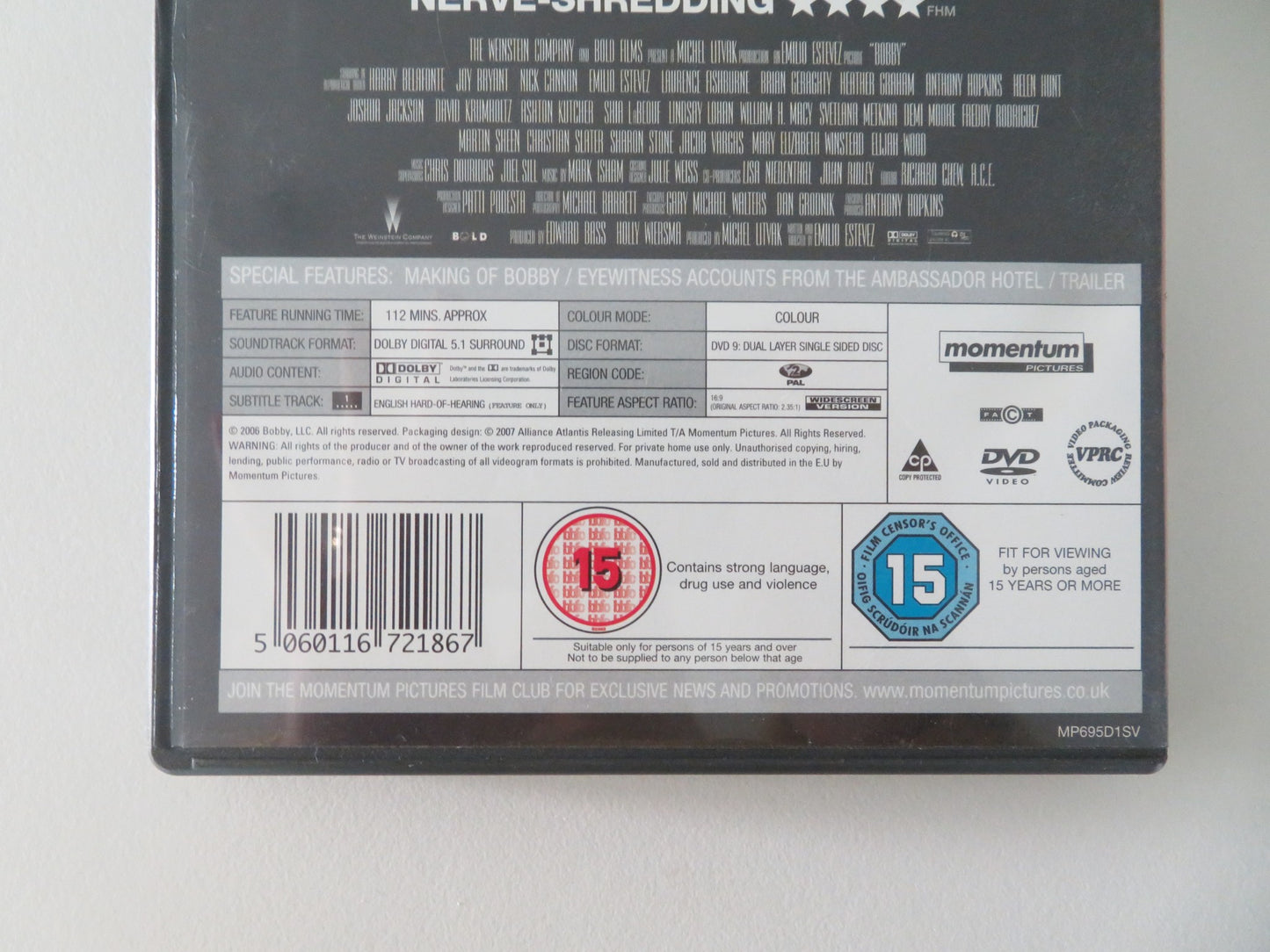 BOBBY (DVD) EMILIO ESTEVEZ HELEN HUNT ANTHONY HOPKINS 2006 REGION 2