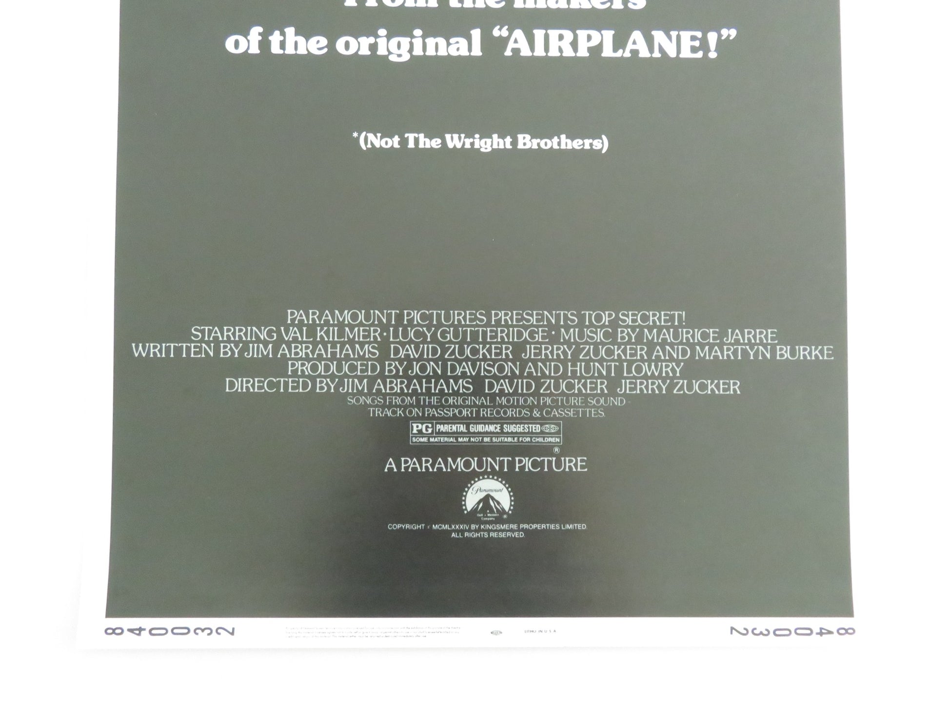 TOP SECRET! US INSERT POSTER VAL KILMER OMAR SHARIF 1984 - Rendezvous Cinema