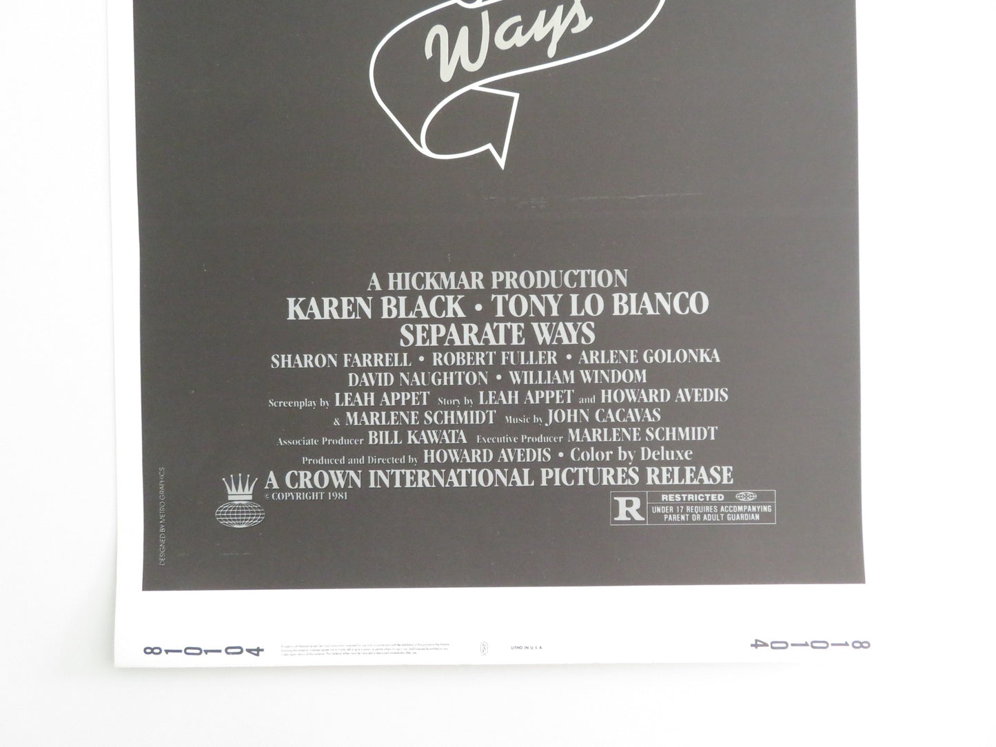 SEPARATE WAYS US INSERT POSTER KAREN BLACK TONY LO BIANCO 1981 - Rendezvous Cinema