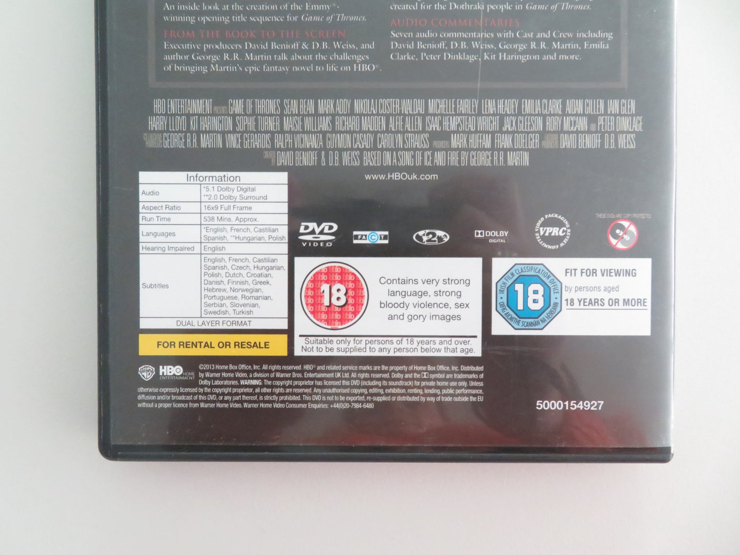 GAMES OF THRONES THE COMPLETE FIRST SEASON (DVD) KIT HARINGTON 2011 REGION 2