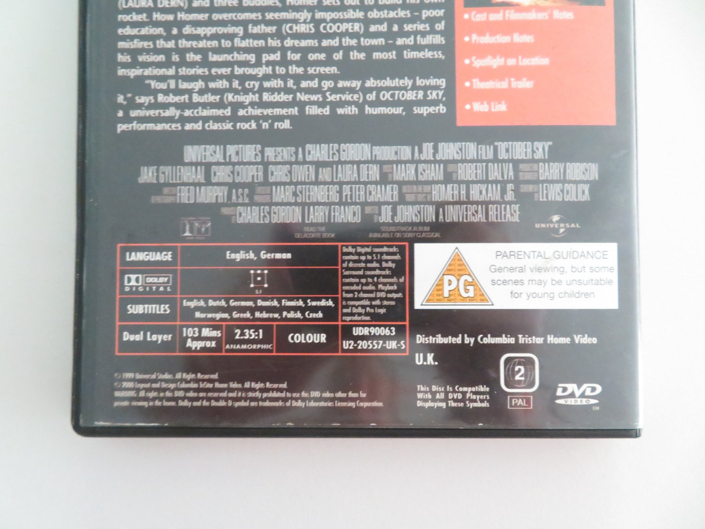 OCTOBER SKY (DVD) JAKE GYLLENHAAL CHRIS COOPER 1999 REGION 2