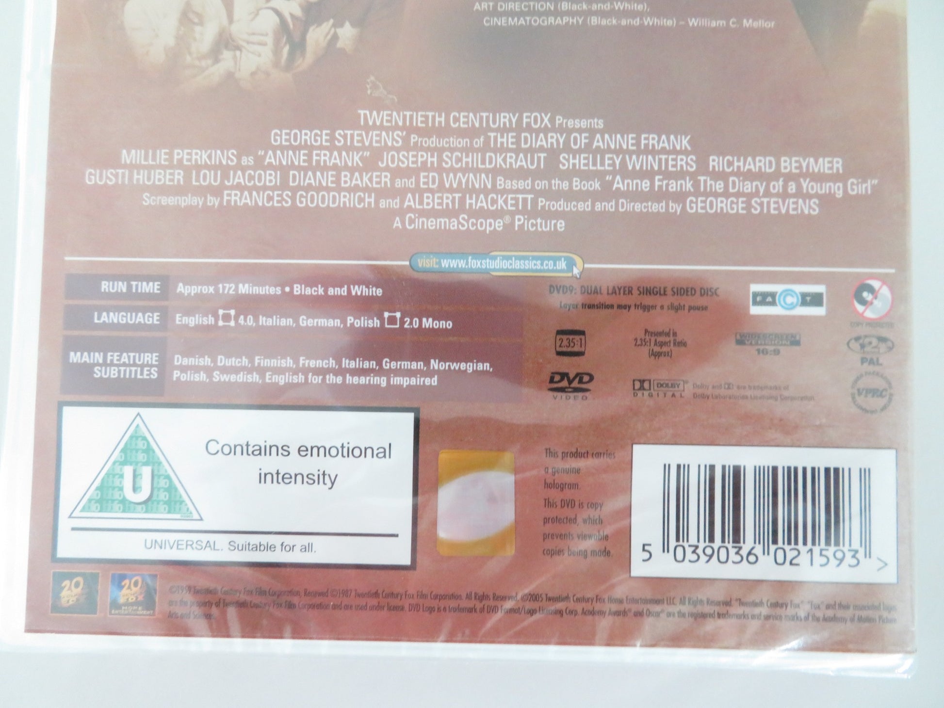 THE DIARY OF ANN FRANK (DVD) MILLE PERKINS JOSEPH SKILDKRAUT 1959 REGION 2 - Rendezvous Cinema