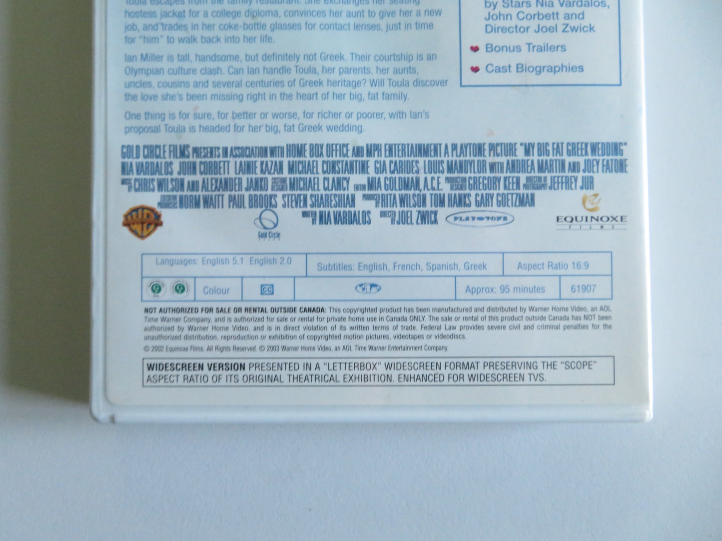 MY BIG FAT GREEK WEDDING (DVD) NIA VARDALOS JOHN CORBETT 2002 REGION 1