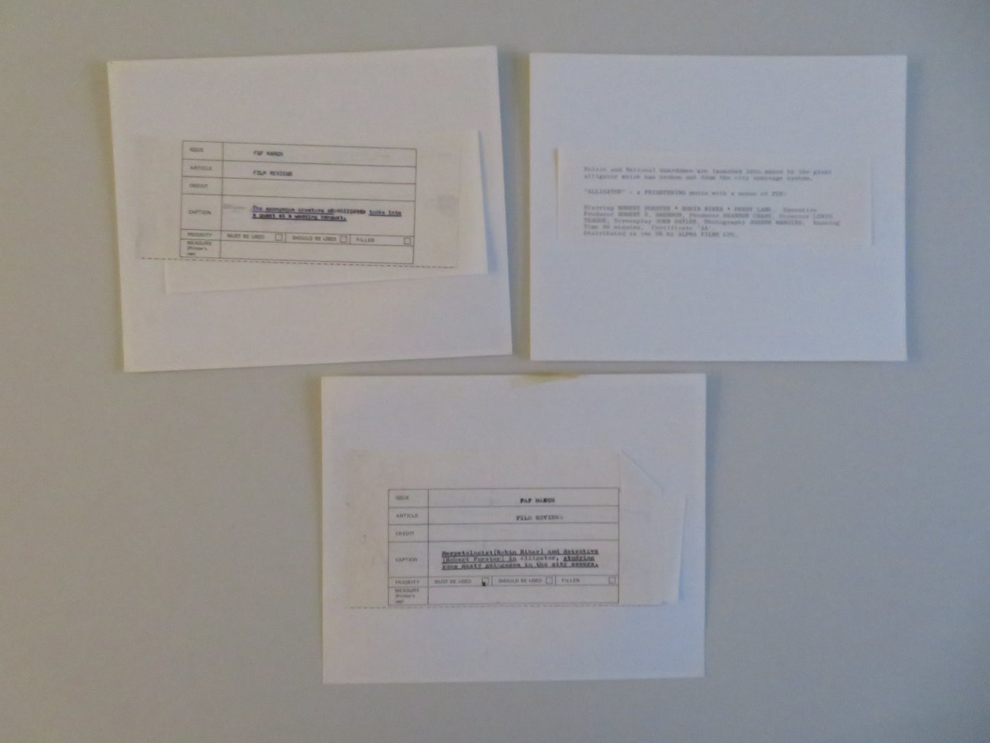 ALLIGATOR MOVIE STILL PHOTO LOT OF 3 ROBERT FORSTER ROBIN RIKER 1980